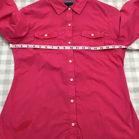 TOMMY Hilfiger button down shirt pink blouse in medium 100% cotton preppy - Picture 8 of 11